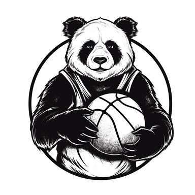 2D Black logo on a white background. Black and white Panda Man Hybrid plays basketball Clipart. NO SHADING. KEEP THE LOGO SIMPLIFIED