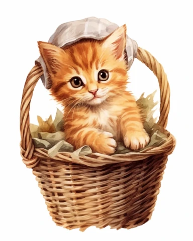 detailed watercolor Kitten in basket with cap , realistic, isolated on a white background, clipart