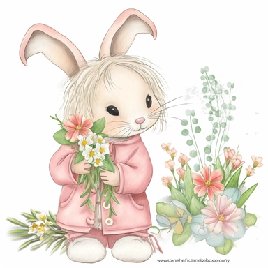 a shy baby Bunny with Flowers Clipart, Peter rabbit, wearing pink coat covered in flowers, Nursery summer Clipart, Easter Clipart, summer Bunny, Crafting Digital Paper, Mother’s Day, white background