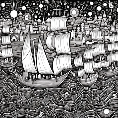 black and white coloring page for adults, lots of boats , in the style of ominous vibe, monochromatic white figures, fine lines, creative commons attribution, wallpaper, childs drawing, animated exuberance, no shading, clipart