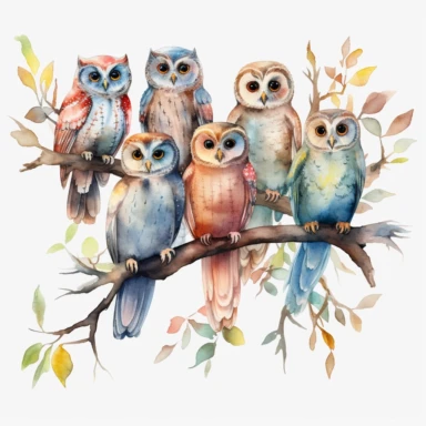 watercolor multiple owls on a tree branch, clipart