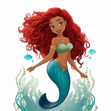 a black little mermaid, disney's ariel, redmafro hair, detailed clipart, full body, detailed fin