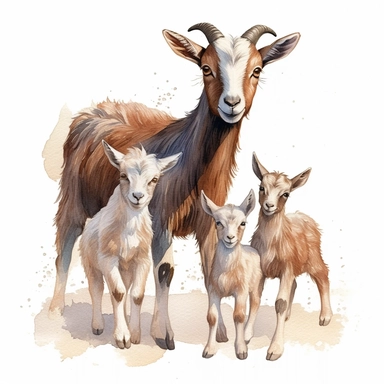 new born baby dwarf Nigerian goats with their mother, very detailed and realistic, watercolor, white background with margins, clipart style