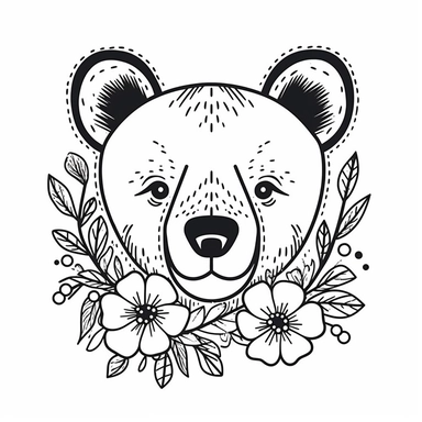 simple outline of a cute portrait floral bear head, clipart, flat 2d vector, minimalist, black and white, kids cartoon, svg cut file, line art drawing, tattoo design, nursery style