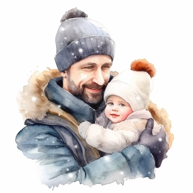 watercolour clipart, father day, father hug with his cute baby, in snow, smile, beautiful, happy, ,realistic, whit background, illustrated