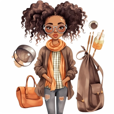 pretty African American girl water color character clipart, cute girl wearing modern style clothing realistic digital art, white background, s1000