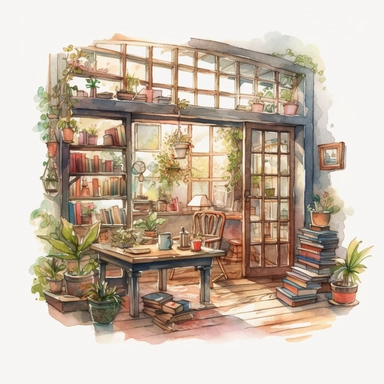 a watercolor clipart of a bookroom with a big window, white background clipart, plants and nature, in the style of darkly romantic illustrations, uhd image, studyplace, fairycore, charming character illustrations, embroidery art, lively nature scenes, portal to the next dimention