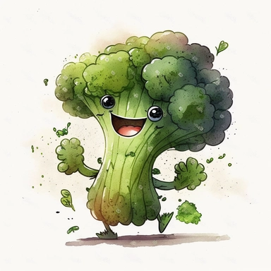 a cute broccoli man with watercolor effect, a smiling happy broccoli with eyes , mouth , arms and foots, suitable for digital clipart, cartoon style,white background, illustration art