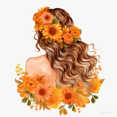 watercolor A woman's face, full body, back view White fabric leaves flowers Marigolds decorate hair, wedding dress with flowers Marigolds and leaves adorning her hair. hair up with flowers Marigolds vividly bold designs png Full body realistic cartoon in 32K UHD cute. 15 cm thick outline. . There was no shadow on the ground. 8k with realistic watercolors. and detailed illustrations. PNG clipart, transparent white background