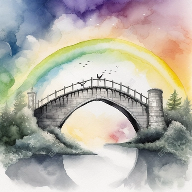 rainbow bridge clipart, rainbow cloudy black sky, white castle fantasy, watercolour, magestic