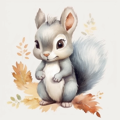 Create a stunning, ultra HD 16K watercolor clipart illustration showcasing an incredibly cute and adorable Gray Squirrel in a forest setting. The illustration should be in a soft pastel watercolor style, with crystal-clear high focus and exquisite attention to detail. The image should have a solid white background to highlight the fox and its surroundings. Please ensure the illustration captures the playful and endearing nature of the red fox, making it irresistibly charming and visually captiva