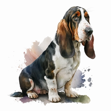 a watercolor painting of a Basset Hound, clipart, white background