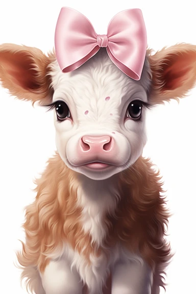 a baby cow with pink bow, clipart, white background