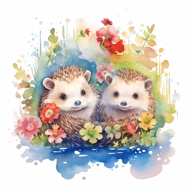 isolated watercolor clipart image of cartoon hedgehogs with flowers and hedges, in the style of liquid light emulsion, pure color, yuumei, precise and lifelike, 8k, rainbowcore