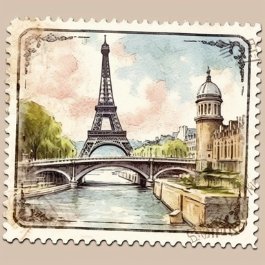 A watercolor clip-art featuring a vintage French postcard with a scenic view of the Eiffel Tower and the Seine River, capturing the iconic landmarks and romantic essence of Paris, muted and dreamy colors, white background, scrapbooking, intricate details, visible brush strokes, and realistic painting, on the theme of vintage French postcard art for travel-inspired designs and trending on Etsy