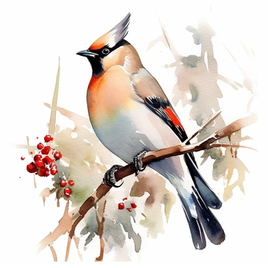 BOHEMIAN WAXWING, watercolor painting by JOHN SINGER SARGENT, clipart, white background