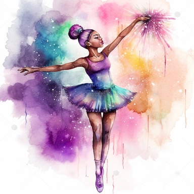 2d watercolor clipart kawaii, character of a beautiful adult african american ballerina with a long braid doing a grand pirouette, beautiful lights, colorful, and sparkling, magical, full body image, asymmetric, intricately rendered, generously detailed, intricately detailed,