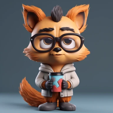 cute 3D kawaii sleepy nerd fox with glasses on his face and a cup of coffee in his hand clipart