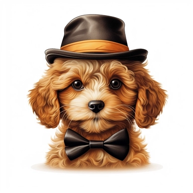 cute cavapoo wearing bowler hat, bow tie, realistic, vector, illustration, clip art, white background