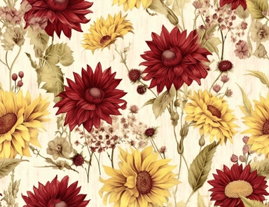 Vintage seamless pattern of Sunflowers, burgundy dahlias, white baby's breath, and wheat stems. Add some greenery such as seeded eucalyptus and dusty miller leaves flower mix pencil sketch, ephemera paper design with ornate illustrations, vintage, distressed textures, muted colors, craft paper texture, handwriting lines in background, pen and ink on paper with watercolor washes Watercolor, vector, white background, rice paper texture, clipart, Seamless patterns, repeating patterns design, flat i
