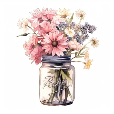 watercolor, hyper realistic, white background, white margins, 16k, ultra detailed clipart, cut out image, hand-drawn, whimsical manhwa style, ultra HD, sharp and clean art A bouquet of dried flowers in a mason jar, sitting on a stack of love letters, with a background of pale pink and soft beige, vintage style