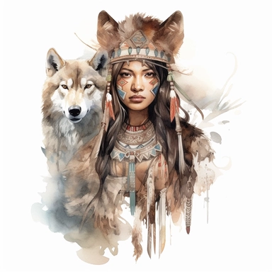 native american princess, whole body, with animal, fearless, fun, hyper-realistic painting, intricate details, watercolor, beautiful, clipart, white background
