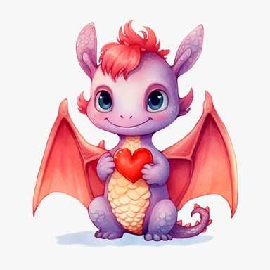 watercolor cute dragon clipart, adorable, big eyes, japan anime style, red, full body, holding a lovely heart, dancing happily, on white background