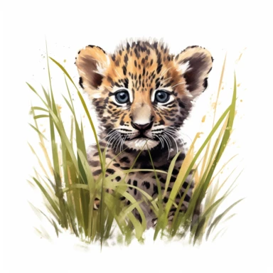 cute leopard cub, peering out from behind tall grass, ready to embark on an adventure, bold colors, clipart, on a white background