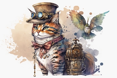 watercolor clipart, A beautiful cute cat with a steampunk-style mechanical bird on its shoulder, hd, on white background,