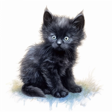 A fuzzy black kitten, playing, color pencil sketch on a white background for clipart