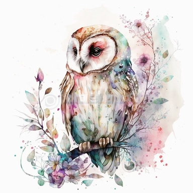 watercolor cute cartoon fantasy owl defined edges Floral Clipart pastel color white background