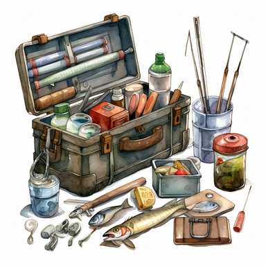 watercolor, Fishing gear - Clip art of a fishing pole, tackle box or fishing lure. png Full body realistic cartoon in 32K UHD cute. 15 cm thick outline. Black color. There was no shadow on the ground. 8k with realistic watercolors and detailed illustrations. PNG clipart, transparent white background