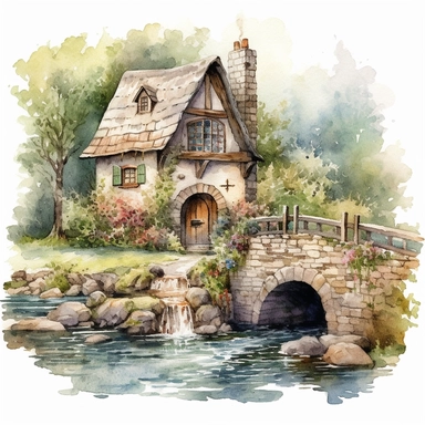 watercolor clipart artwork showcasing the beauty of an ancient medieval cottage surrounded by nature's tranquility. The cottage, situated alongside a calm and meandering river, features a charming waterwheel that turns gracefully, adding a touch of whimsy to the scene. The artist's meticulous attention to detail brings the rustic cottage to life, with textured stone walls, a thatched roof, and vibrant vegetation. Against a pure white background, the watercolor medium creates a soft and dreamy at