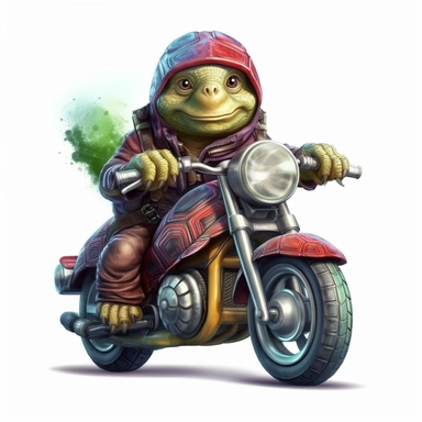Create a clipart of a cute turtle in a leather jacket riding a vintage motorcycle. Strong and vibrant colors. Jungle trees before a White Background, soft lighting.