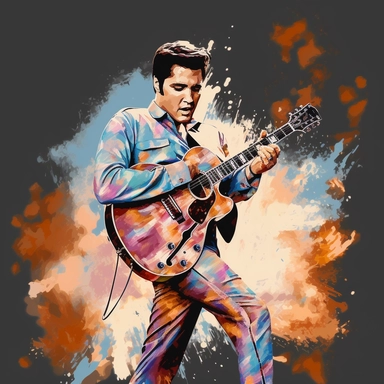 portrait view, full view, beautiful colors, beautiful image of Elvis Presley with guitar and microphone, romantic, fantasy, sharp focus, high detail, 8k illustration clipart style, transparent background, (--iw 8)