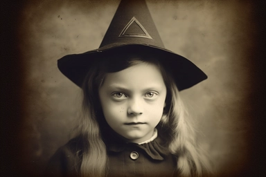 Sinister Victorian photo of a young witch, daguerrotype, clipart, spaced out, hd,