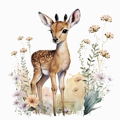 Safari cute Baby gazelle Animal Watercolor Clipart, with flowers delicately adorning its head, showcasing a close-up view of its enchanting features. Zooming in, you can appreciate the intricate details of its gentle eyes, the soft texture of its fur, and the graceful curves of its horns. The white background emphasizes the gazelle's elegance and purity, while the high-resolution 4K UHD format allows you to immerse yourself in the vibrant colors and subtle nuances of the watercolor painting.