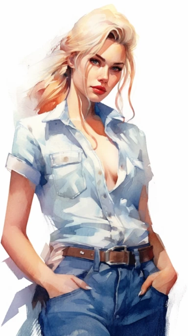 watercolor stylized clipart of a gorgeous norwegian woman bombshell in a white croptop and denim overalls, posing, epic light, chaotic,