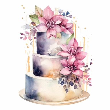 full perspective, watercolor three tier wedding cake clipart, add flowers and glitter, on a white background