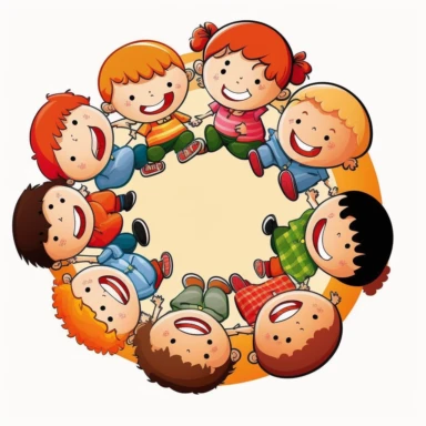 kids sitting in a circle. one boy running around. clipart. cartoon