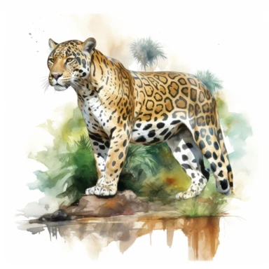 watercolor clipart, white background, a stunning jaguar, showcasing its wild beauty amidst the rainforest