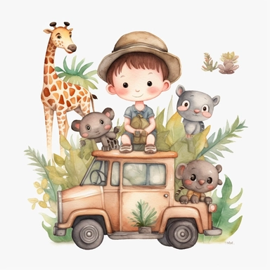 Watercolor clipart, A super cute happy boy and safari animals, in a jungle jeep, illustration watercolor style, minimalistic, clipart, children's book illustration, hd, 16k, 4k, isolated white background, single design, single object, watercolor illustration by mark ryden, print on demand image, PNG transparent background, solid white background for Clipart