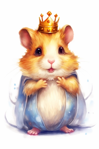 Create a watercolor clipart picture of a happy princess hamster with a crown, white background. The hamster should have a cute and happy expression, with its fur depicted in soft watercolor textures.