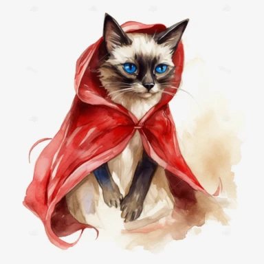 A clipart of a Siamese cat wearing a red riding cloak and riding a wolf, just like in the fairytale of Little Red Riding Hood, watercolor style, realistic, bright colors, 300 dpi, 8k, white and clear background