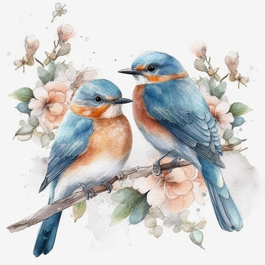 a watercolor a Bird Couple Clipart sublimation clipart graphic, full body, clipart, sticker, a single picture, one image in the frame--no text in the picture--