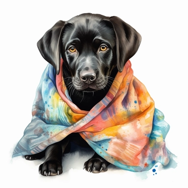 black labrador retriever puppy wrapped in a colorful blanket, watercolor illustration, clipart, full body, hyper-realistic animal illustration, childlike, free brushwork, white background