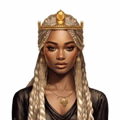 black dark-skin women with long blonde braided hair with beads on the ends wearing a golden crown staring straight forward with big shiny lips, clip art