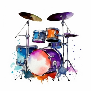 watercolor clipart, one individual drum set, vibrant splash of color, white background