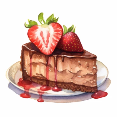 This highly detailed watercolor clipart showcases a delectable full chocolate cheesecake adorned with luscious strawberries on a pristine white background. The artwork captures the richness of the chocolate and the creamy texture of the cheesecake with intricate watercolor strokes. The graham cracker crust is depicted with meticulous detail, providing a mouthwatering foundation. Plump strawberries, meticulously painted, complement the chocolate indulgence with their vibrant red color and juicy a