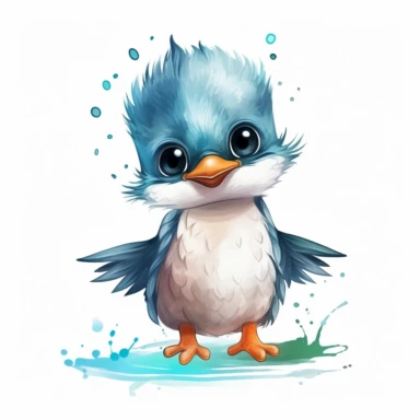 an animated baby kingfisher with kind eyes clipart with watercolor illustration,full body shot,8k,etsy style, white background
